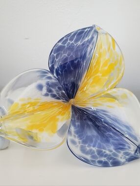 Vintage Murano Glass Lily Blue Yellow Italian Art Glass Flower Hand Blown Made i